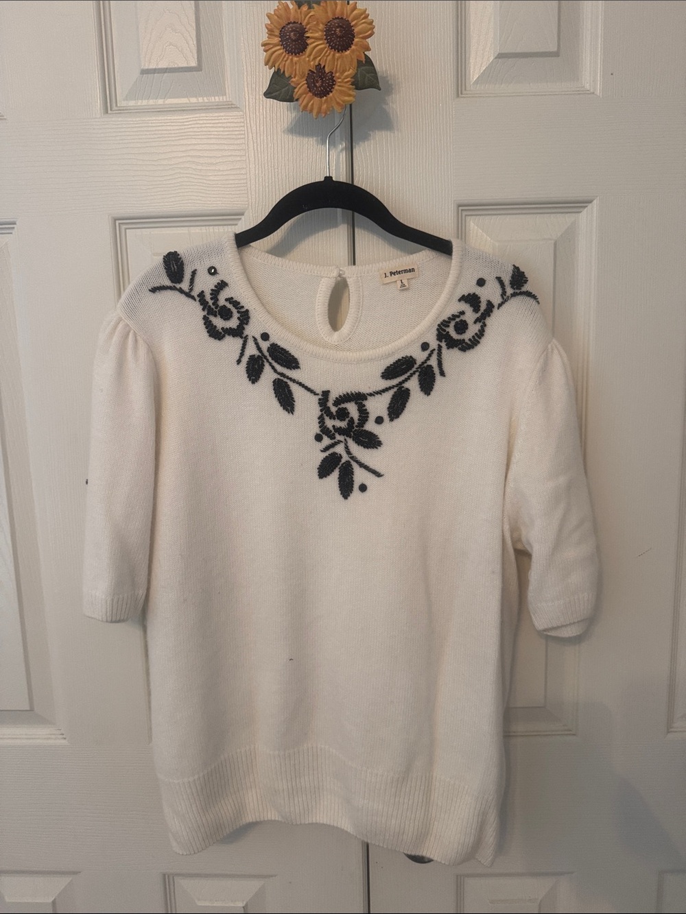 J. Peterman White Crewneck Sweater with Black Floral Yoke